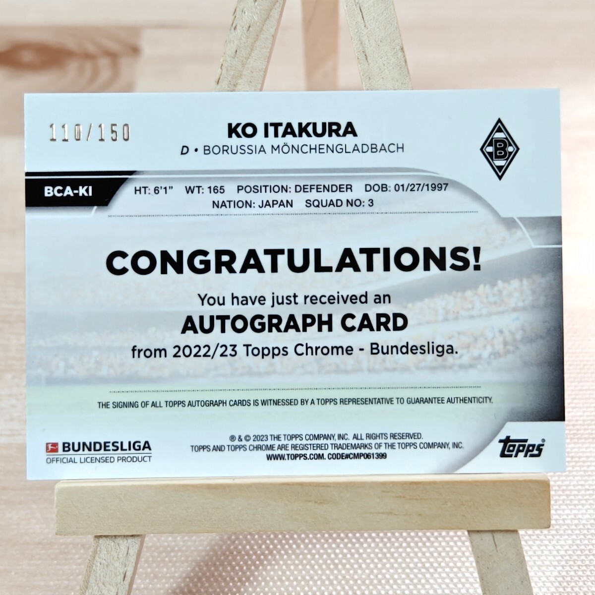 150枚限定 板倉滉 2022-23 Topps Chrome Bundesliga Ko Itakura Auto 110/150 Gladbach 直筆サインカードの画像2
