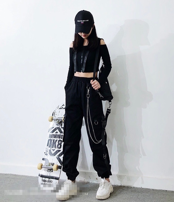 # black cargo pants chain attaching [ L size ] Korea fashion Street 