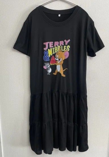 トムとジェリー Tシャツ ワンピース フリル ミドル丈 韓国 レディース ブラック