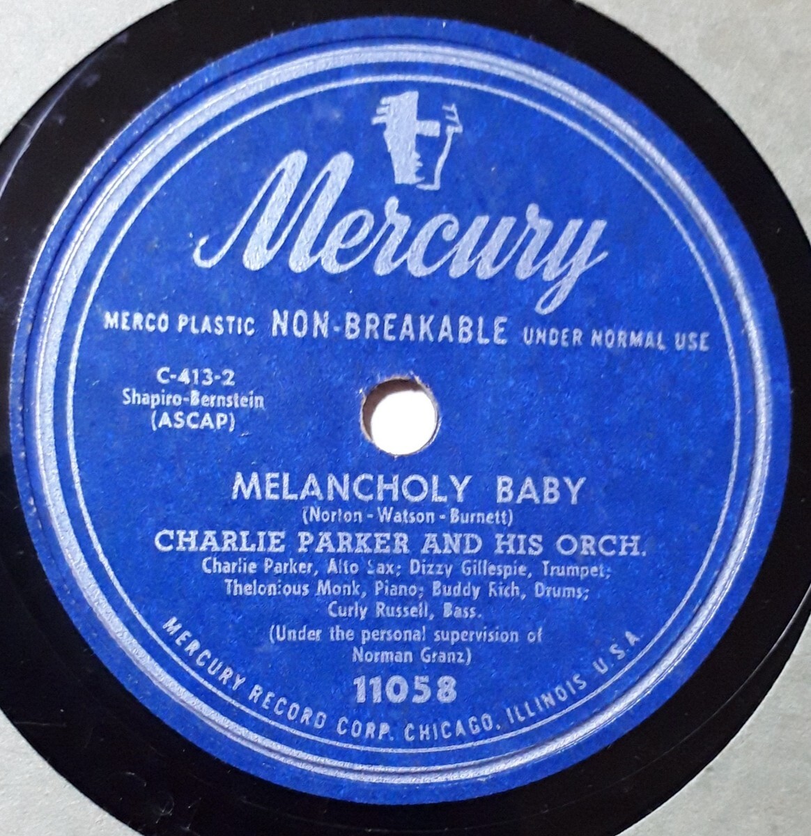 ◇78rpm◇in USA◇CHARLIE PARKER・THELONIOUS MONK・DIZZY GILLESPIE‥◇MERCURY 11058◇ MELANCHOLY BABY ／ BLOOMDIDO ◇ _画像2