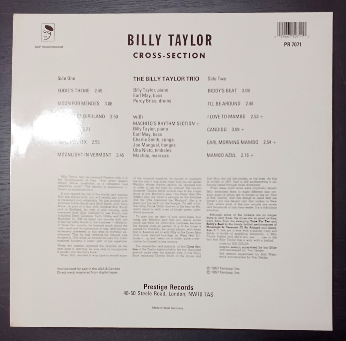 ○未使用○ W.GERMANY○BILLY TAYLOR○RIVERSIDE RECORDS PR-7071○ CROSS-SECTION ○_画像2