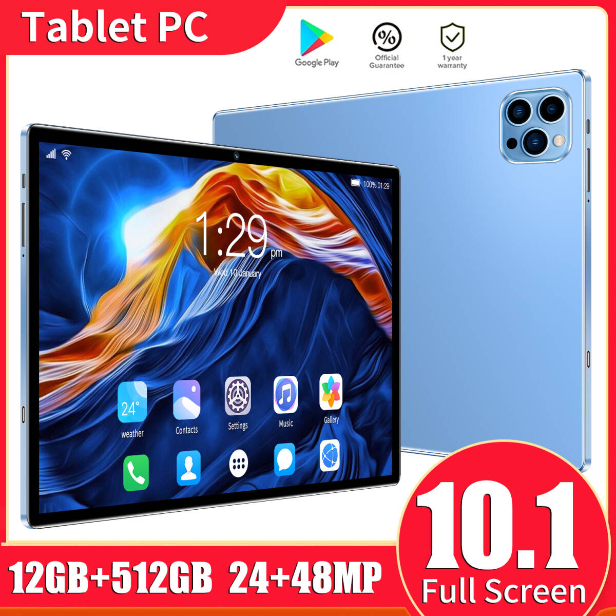 Android 12 タブレット 10.1インチ、8000mAh、12GB RAM、512GB ROM、24MP+48MP HDカメラ ブルーの画像1