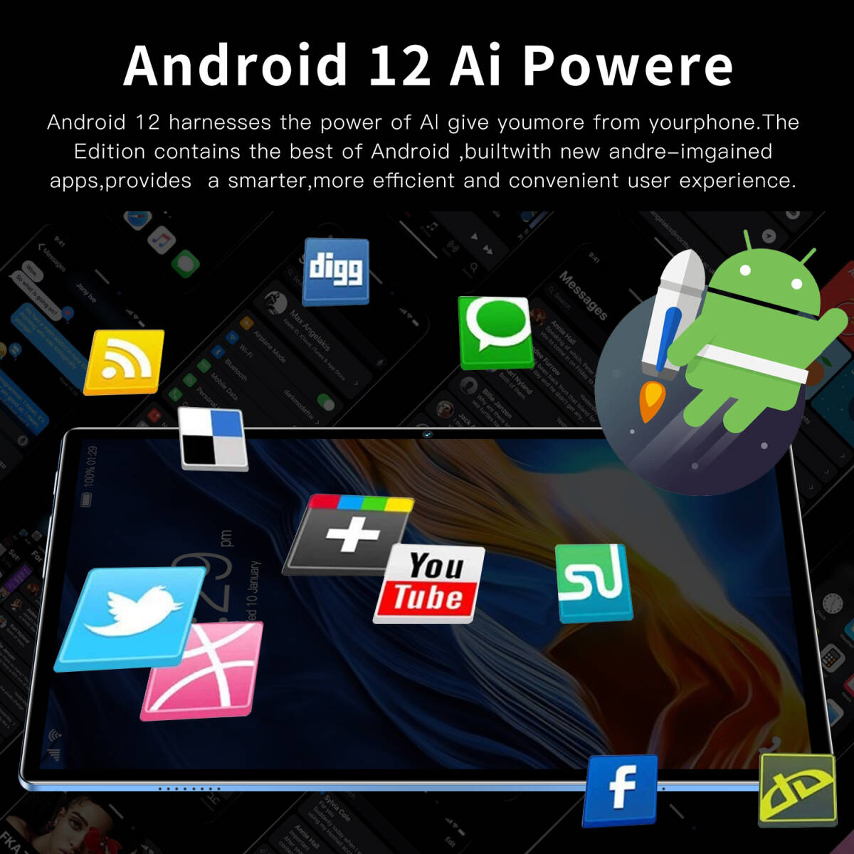 Android 12 タブレット 10.1インチ、8000mAh、12GB RAM、512GB ROM、24MP+48MP HDカメラ ブルーの画像4