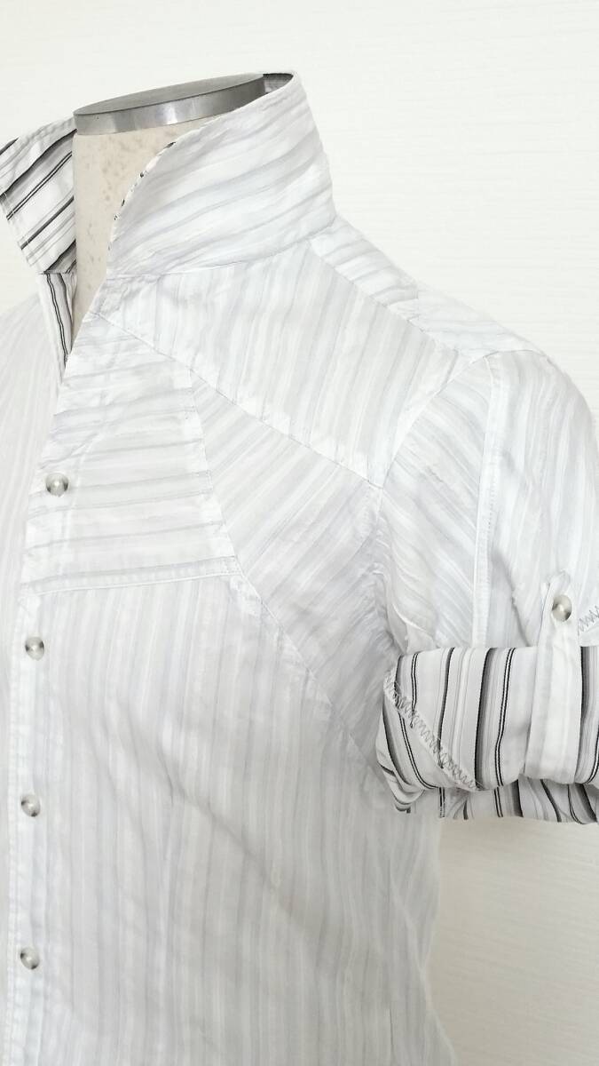 14490円トルネードマート日本製グランジストライプ７分袖ロールアップシャツ半袖シャドーストライプ柄パッチワークホワイトシャツリバースの画像4