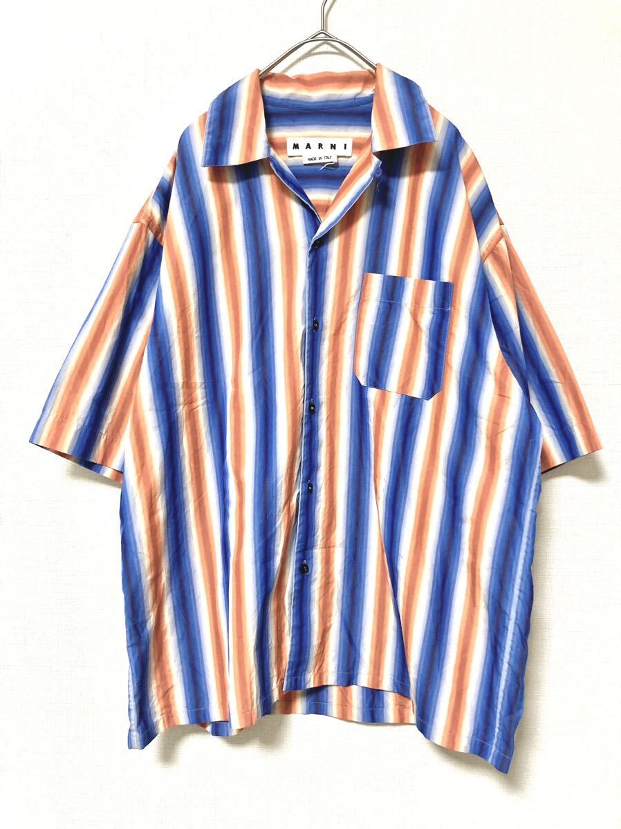 マルニ　marni グラデーション　ストライプ　総柄　オープンカラー　シャツ　半袖　ハーフスリーブ　メンズ　ブルー　オレンジ　48