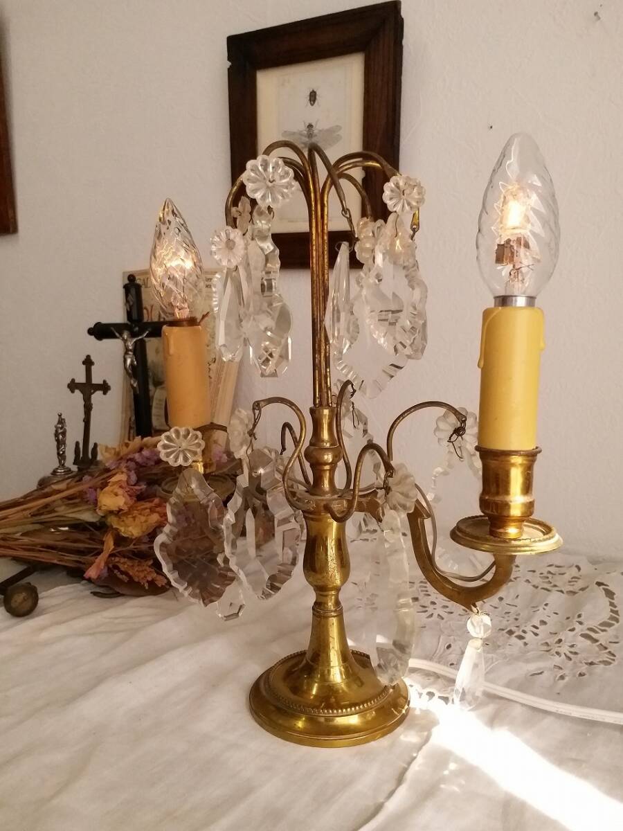 * free shipping campaign * France antique wonderful glass Drop brass 2 light desk lamp lighting light *