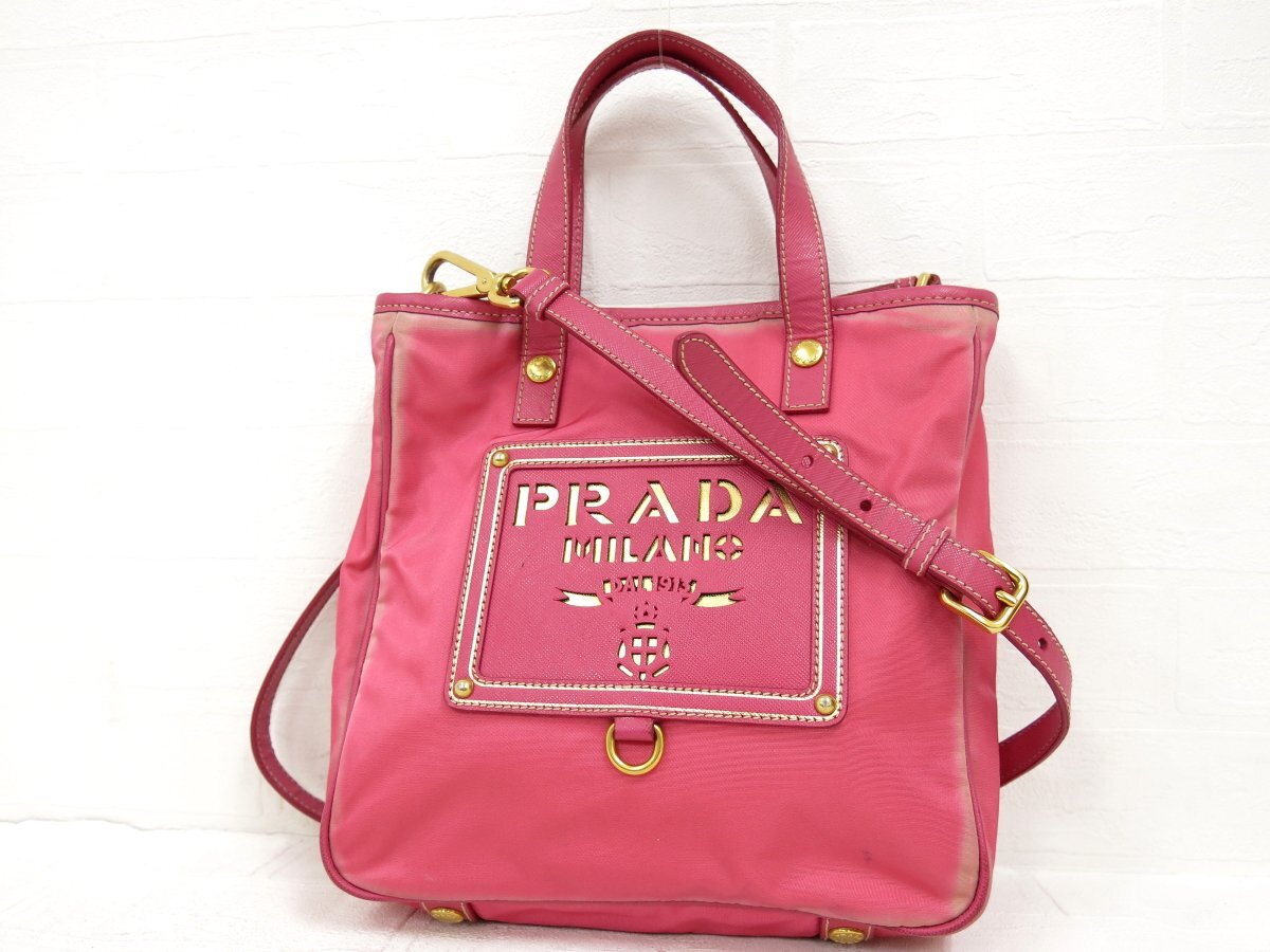 ◆PRADA プラダ◆ロゴ型抜き◆ナイロン サフィアーノ レザー 本革◆2way ハンド ショルダー バッグ◆ピンク G金具◆イタリア製◆A4813の画像1