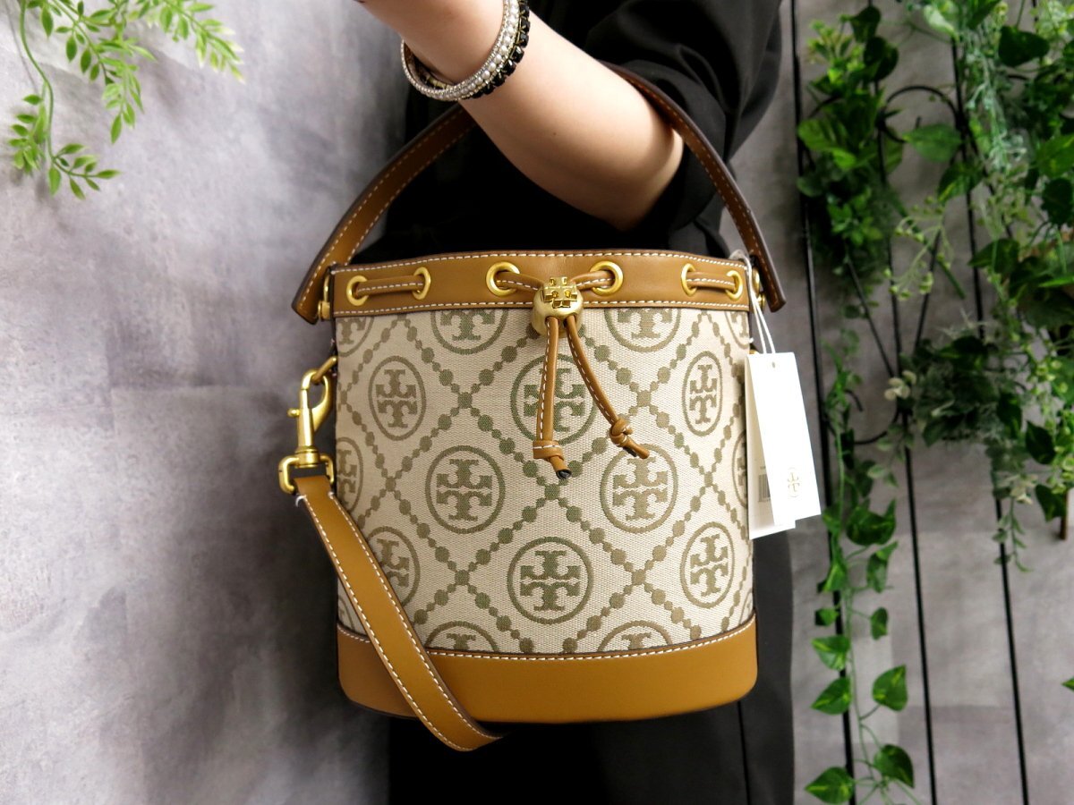 超美品●TORY BURCH トリーバーチ●Tモノグラム バケット●ジャカード カーフ レザー 本革●2way 巾着 ハンド バッグ●ヘーゼル●Js45913の画像1