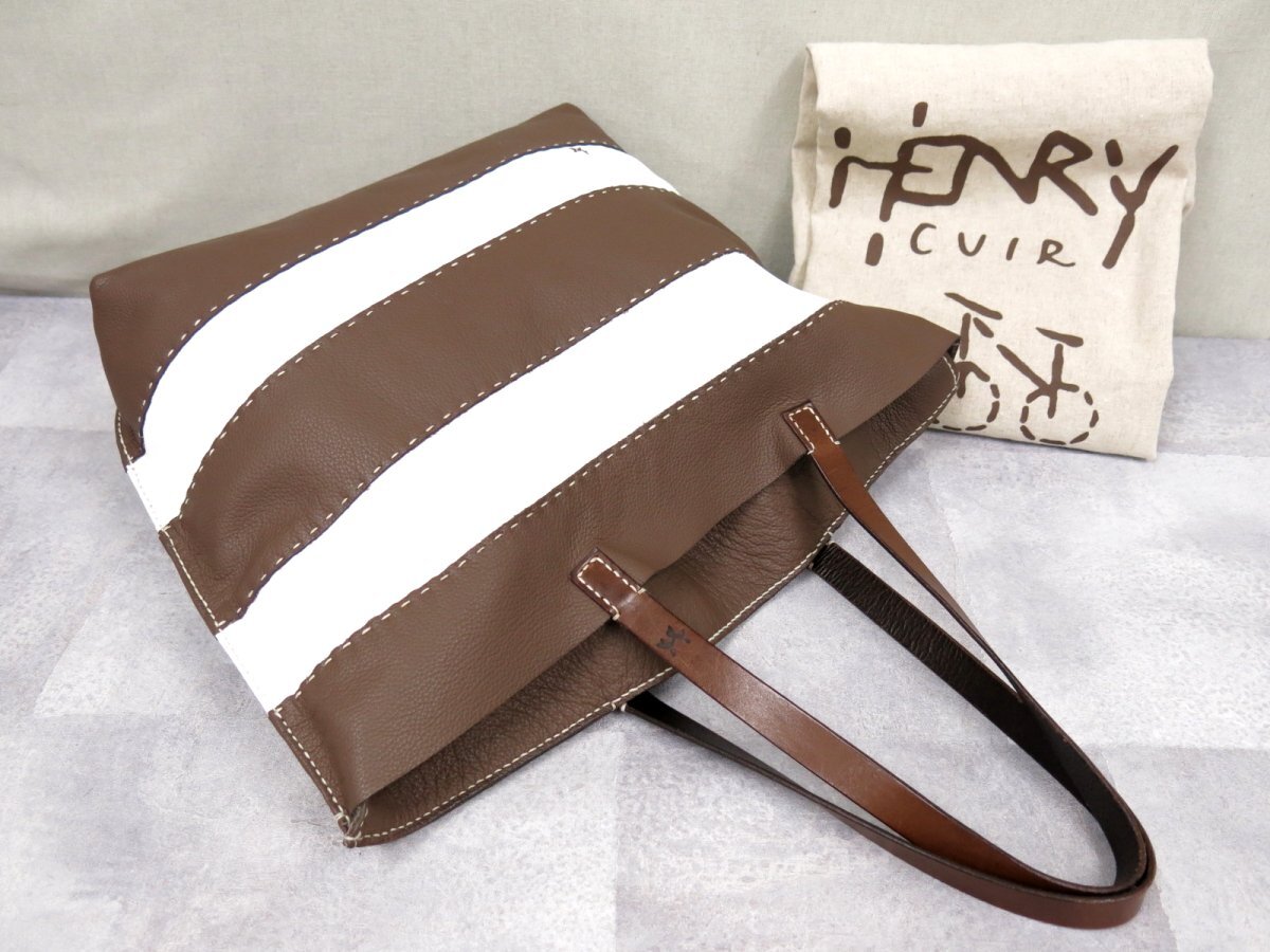 ●超美品●HENRY CUIR アンリークイール●ボーダー●ステッチ●カーフ レザー 本革●トート バッグ●ブラウン 白●A4 収納 かばん●Js46177_画像4