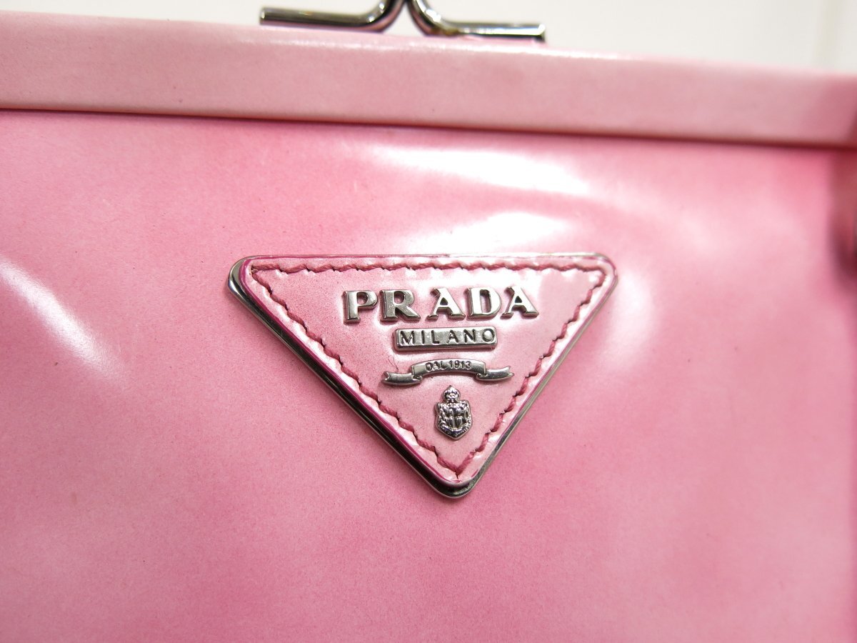 ◆PRADA プラダ◆カーフ レザー 本革◆がま口 ハンド バッグ◆ピンク シルバー金具◆イタリア製◆腕掛け◆三角ロゴプレート◆A4885_画像8