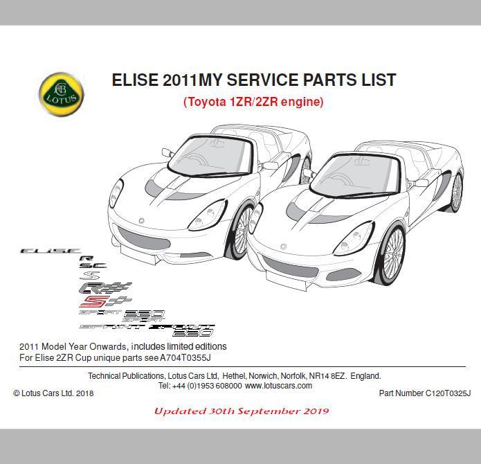 ロータス エリーゼ パーツリスト フェイズIII S3 2011以降 LOTUS ELISE 2021 最新 Elise R SC Club Racer RGB special EVO 220 SPORT の画像1