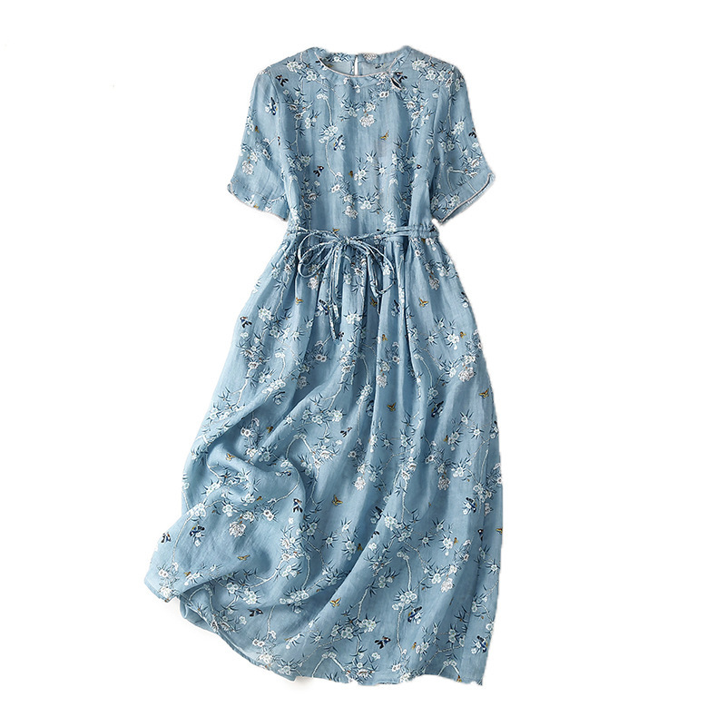 大人 上品 エレガントな花柄プリント綿麻ワンピース レディース ワンピース 50代 60代 ファッション ブルー 薄手 夏のお出かけに L_画像1