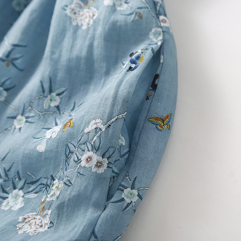 大人 上品 エレガントな花柄プリント綿麻ワンピース レディース ワンピース 50代 60代 ファッション ブルー 薄手 夏のお出かけに　2ＸL_画像3
