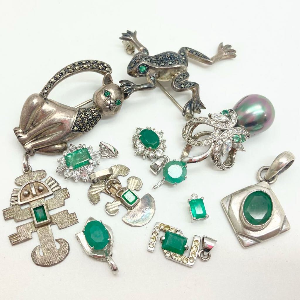 「エメラルドアクセサリーおまとめ」a 重量約41.5g エメラルド emerald シルバー silver jewelry necklace accessory parts 両穴 CE0の画像2