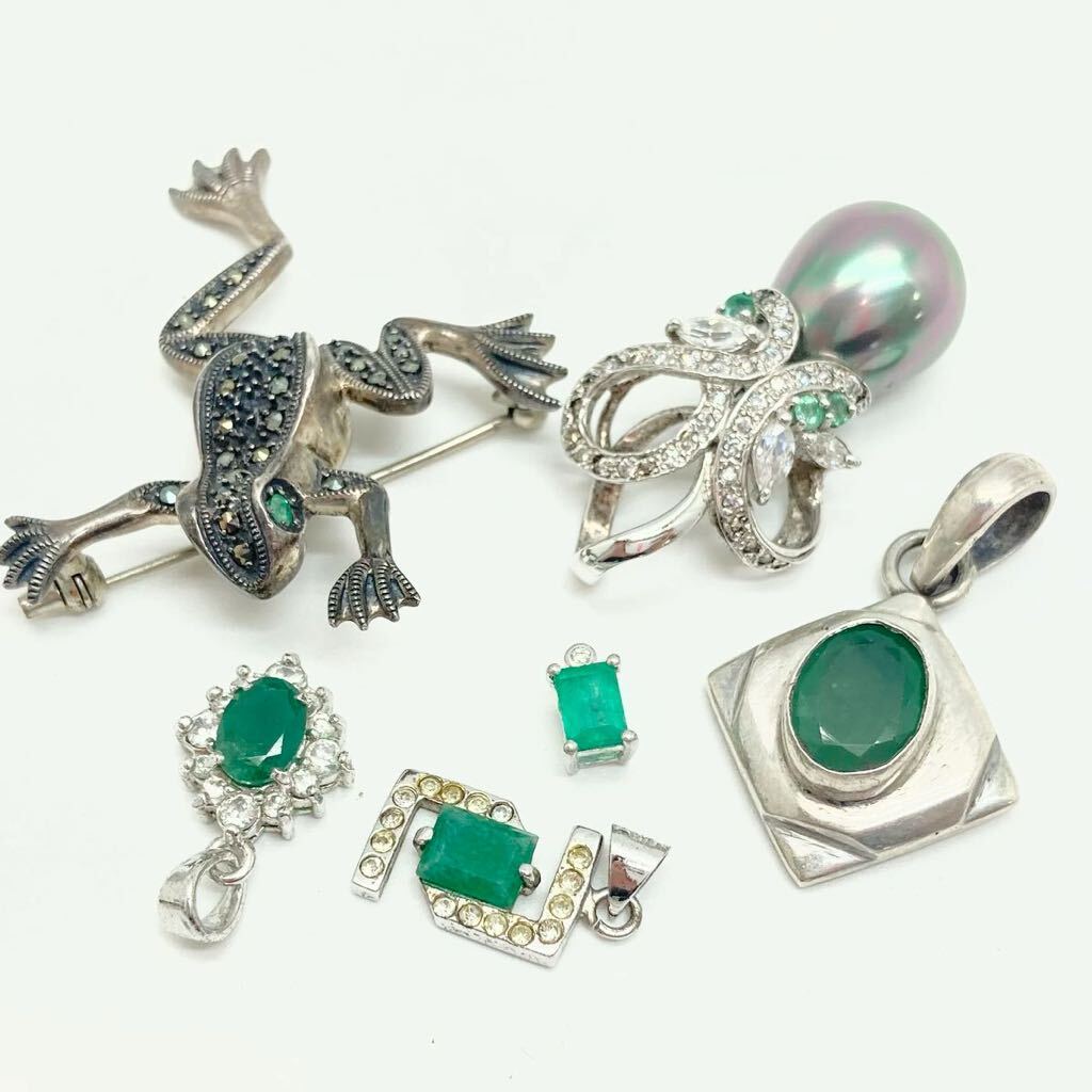 「エメラルドアクセサリーおまとめ」a 重量約41.5g エメラルド emerald シルバー silver jewelry necklace accessory parts 両穴 CE0の画像3