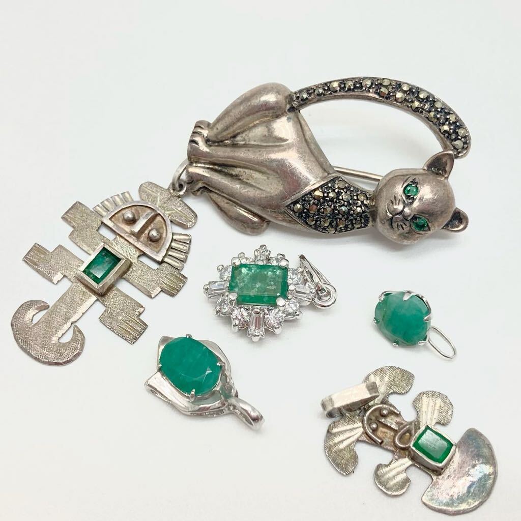「エメラルドアクセサリーおまとめ」a 重量約41.5g エメラルド emerald シルバー silver jewelry necklace accessory parts 両穴 CE0の画像4