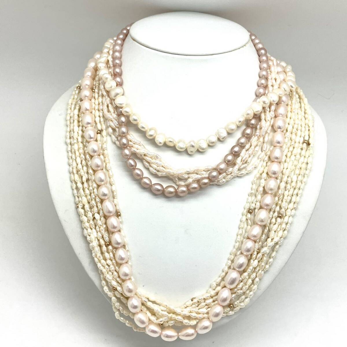 ［淡水パールネックレス5点おまとめ］a 重量約226g 真珠 ポテト オーバル ボタン necklace accessory jewelry pink silver DA0の画像1