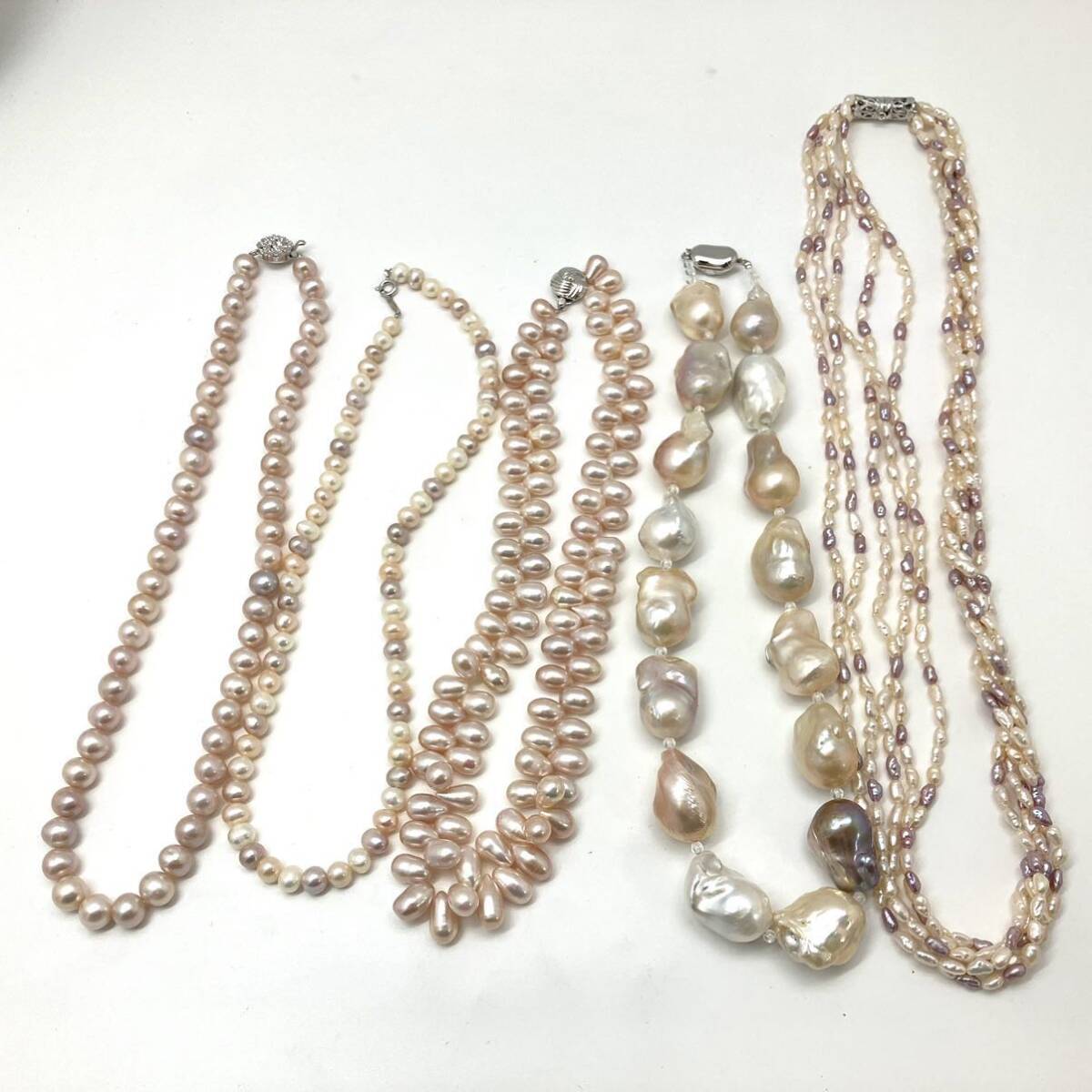 大ぶり!!［淡水パールネックレス5点おまとめ］a 約306.5g 真珠 ポテト オーバル pearl Pearl necklace jewelry pink silver DA0_画像7
