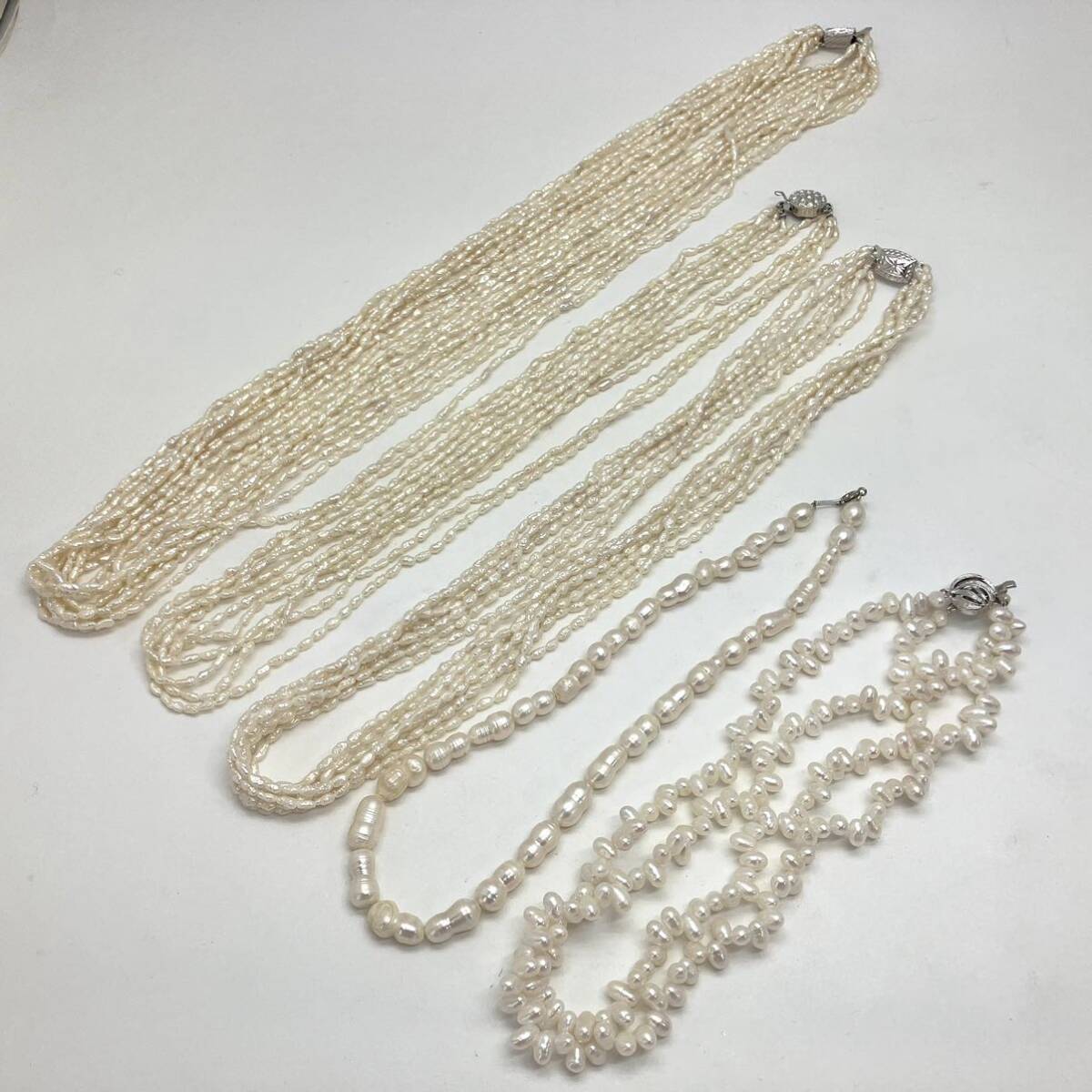 ［淡水パールネックレス5点おまとめ］a 重量約258g 真珠 オーバル バロック 2連 5連 necklace accessory jewelry silver DA0_画像7