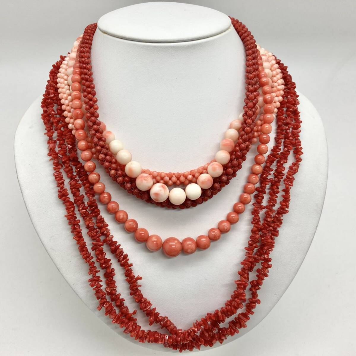 「珊瑚ネックレス5点おまとめ」a重量約168g サンゴ さんご necklace coral コーラル 赤 桃色 枝 丸玉 白 silver DB0 ロングの画像1