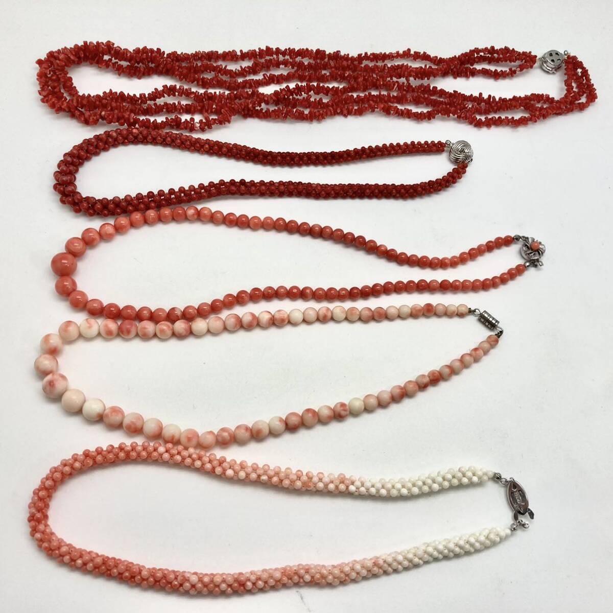 「珊瑚ネックレス5点おまとめ」a重量約168g サンゴ さんご necklace coral コーラル 赤 桃色 枝 丸玉 白 silver DB0 ロングの画像2