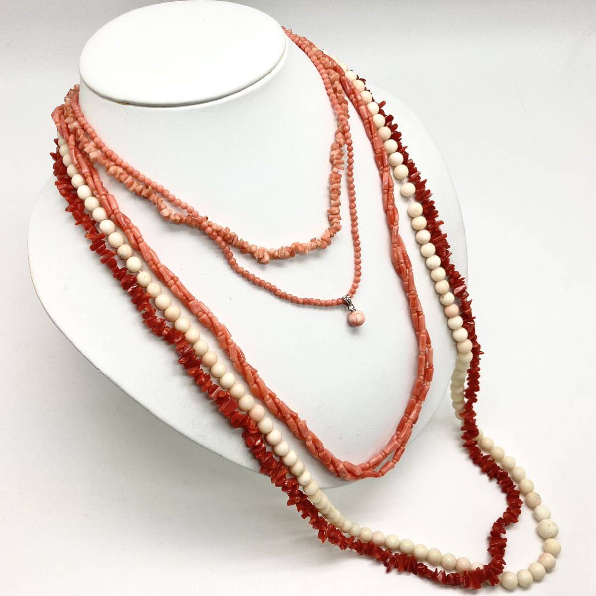 「珊瑚ネックレス5点おまとめ」a重量約125g サンゴ さんご necklace coral コーラル 赤 桃色 枝 丸玉 白 silver DB0 ロングの画像1