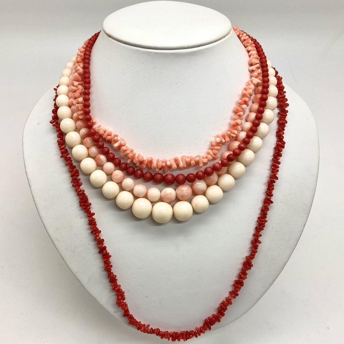 「珊瑚ネックレス5点おまとめ」a重量約129g サンゴ さんご necklace coral コーラル 赤 桃色 枝 丸玉 白 silver DB0 ロングの画像1