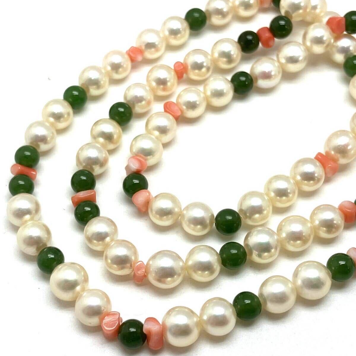 石付!!［アコヤ本真珠ネックレス］a 重量約50g 約6.5~7.0mm 約92.0cm pearl long necklace 珊瑚 水晶 silver DA0の画像3