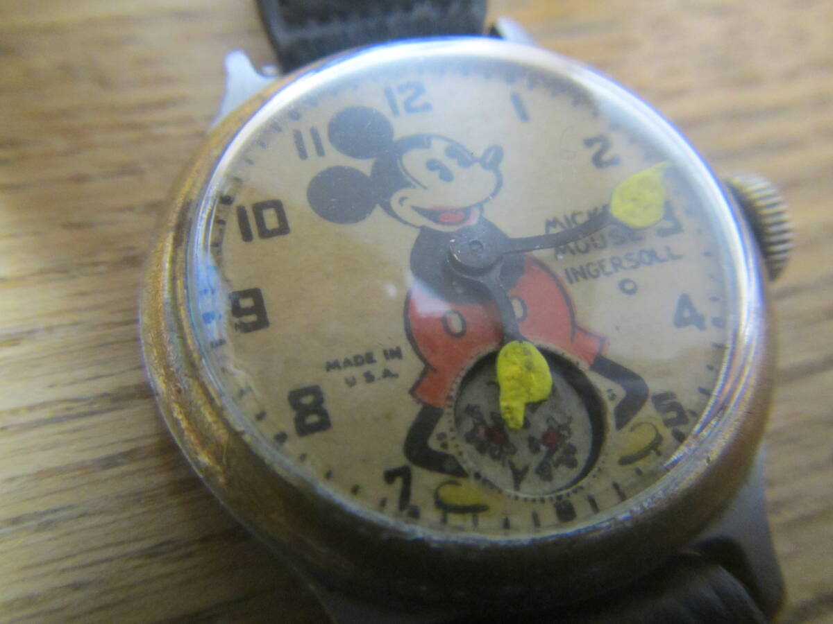 激レアー1930年代 Ingersoll Mickey Mouse Watch インガソル ミッキーマウス 樽型 機械式手巻き 元気に稼働、オリジナルバンドの画像1