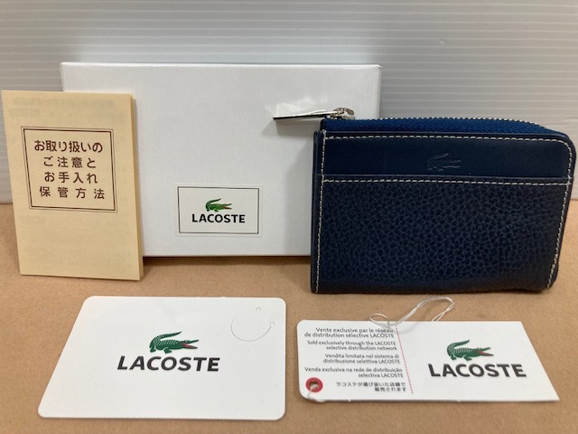 781* LACOSTE ラコステ 本革 レザー製 カードケース パスケース 定期入れ コインケース 紺 濃紺 LP67748 メンズ レディース ケース 現状品の画像1