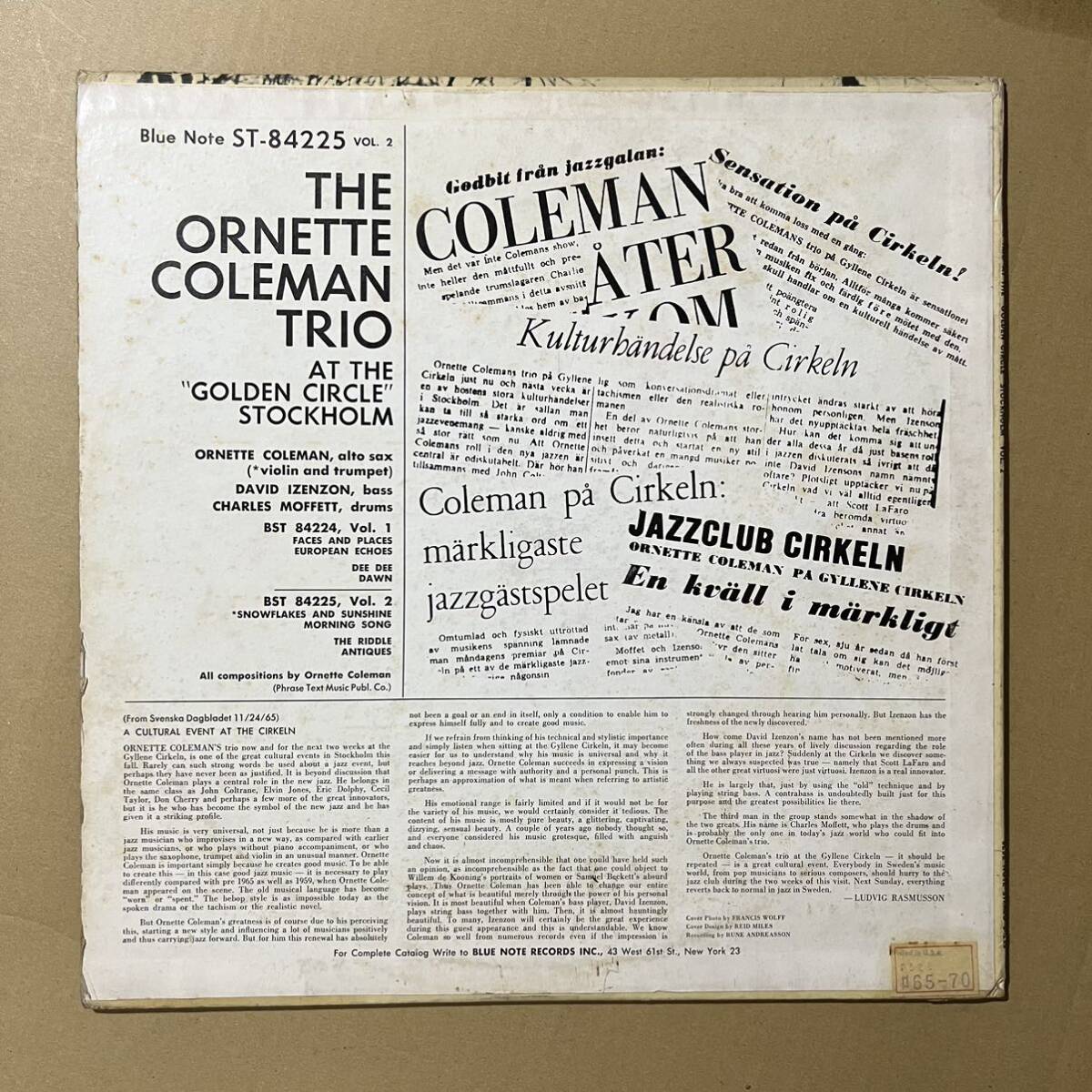 米盤/ 両耳 vangelder刻印 / Blue Note / The Ornette Coleman Trio / At The Golden Circle Stockholm - Volume Twoの画像2