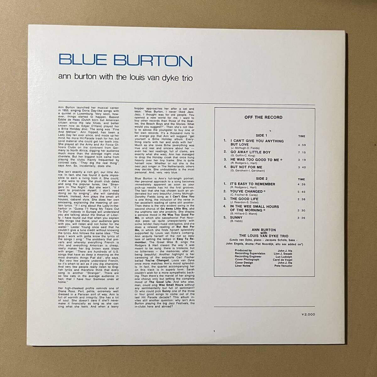 美盤 / Ann Burton With The Louis Van Dyke Trio / Blue Burtonの画像2