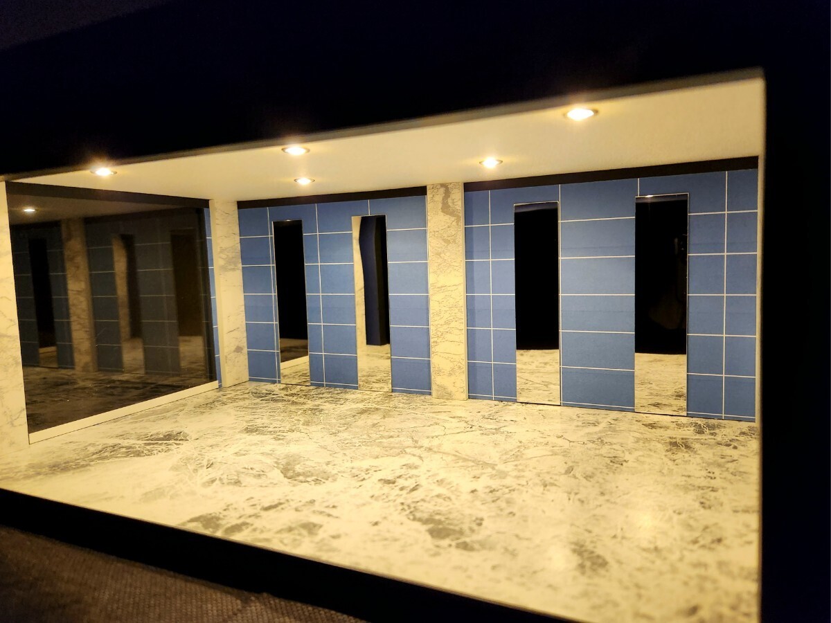 1/18 ミニカー ジオラマ ショーケース LED照明 透明アクリル板付 ガレージ ジオラマ ショールーム 1/24 1/43 青×大理石調の画像8
