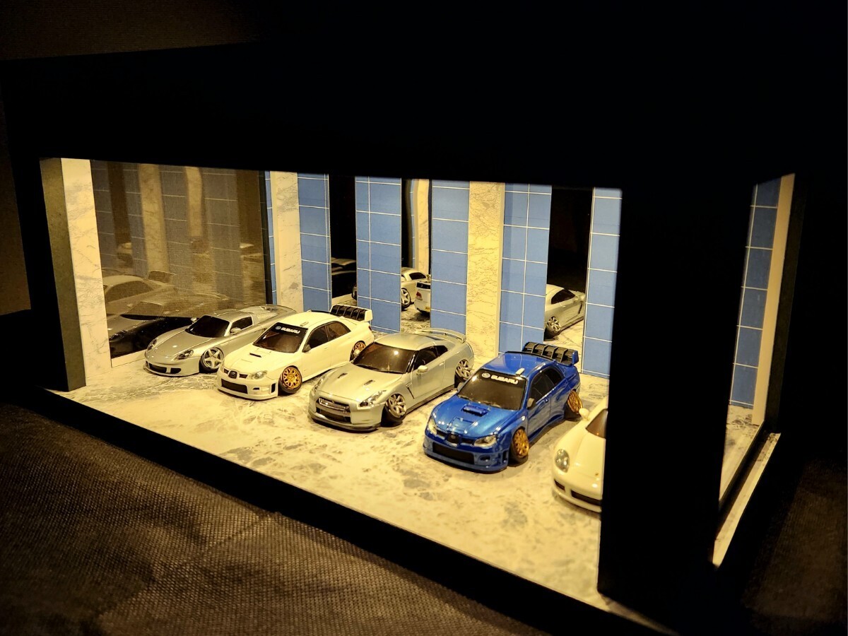1/18 ミニカー ジオラマ ショーケース LED照明 透明アクリル板付 ガレージ ジオラマ ショールーム 1/24 1/43 青×大理石調の画像7