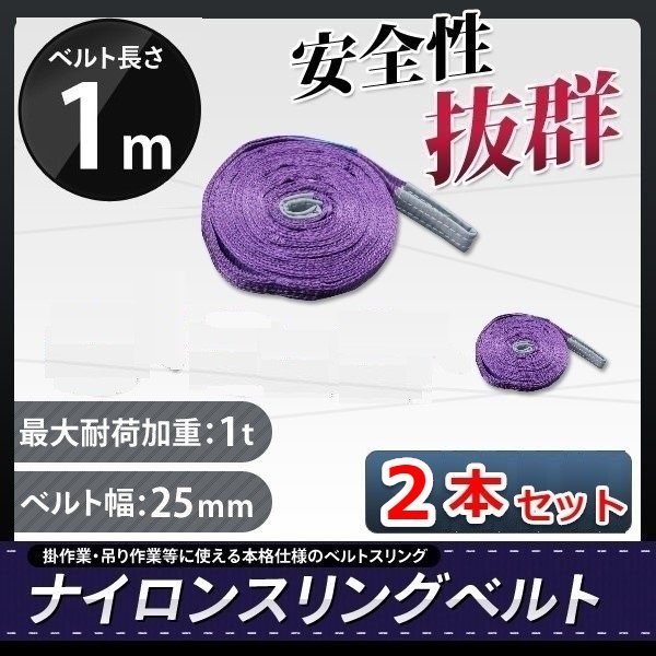 全国一律【送料無料】ナイロンスリングベルト 1m 幅25mm 荷重1000kg 1ｔ ベルトスリング 【2本入り】玉掛け 吊上げ ロープ 牽引 運搬 移動_画像1