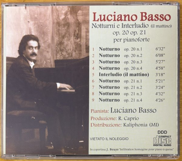 ◎LUCIANO BASSO / Notturni ( 1997年作/伊Prog/ピアノ・ソロ/Classical/ヒーリング/癒し )※イタリア盤CD【 PM CD 7697-1 】1997/6/15発売_画像2