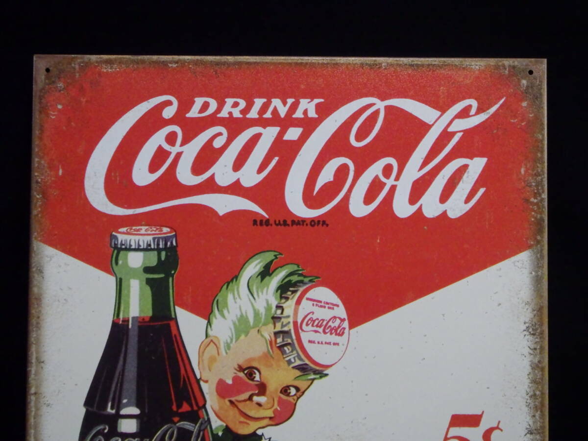 李9626 中古 金属製 看板 DRINK Coca-Cola 5￠Delicious Refreshing IN BOTTLESの画像2