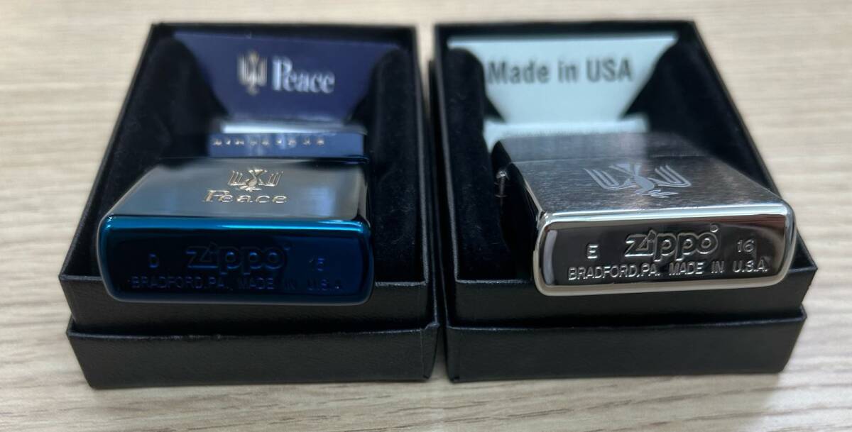 ☆3541 Zippo ジッポー Peace ピース 1946 2点おまとめ 未使用品 箱付き 記念懸賞品  ブルーチタン 現状保管品☆の画像3