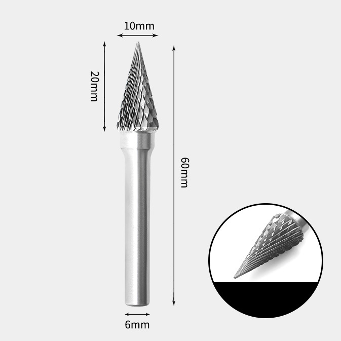 10 x 20mm コーン型 ダブルカット シャンク径 6mm 超硬 ロータリーバー リュータービット 超硬バー_画像1