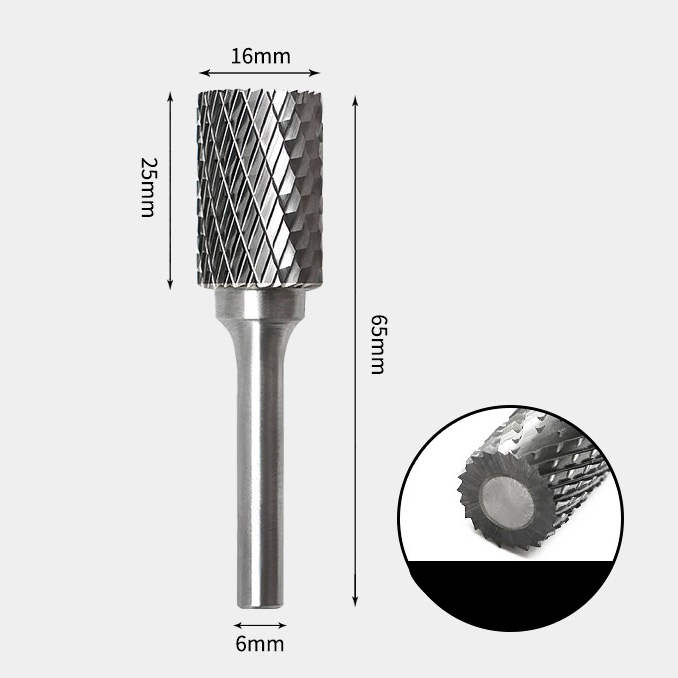 16 x 25mm 円筒型 ダブルカット シャンク径 6mm 超硬 ロータリーバー リュータービット 超硬バー_画像1