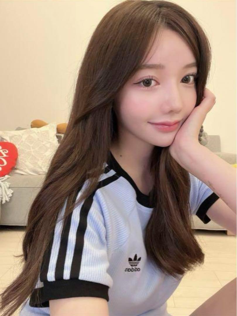  new goods Lsize Adidas Originals short sleeves waffle T-shirt light blue adidas originals Korea K-POP Trend embroidery stripe summer tight 