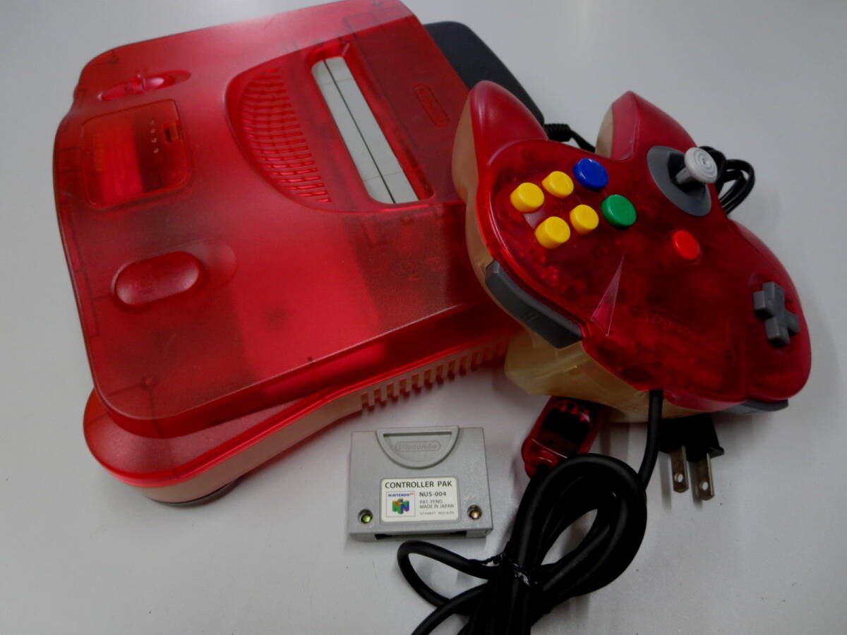 Ｎ６４本体＆コントローラー＆コントローラーパック＆ＡＣ：クリアレッド美品