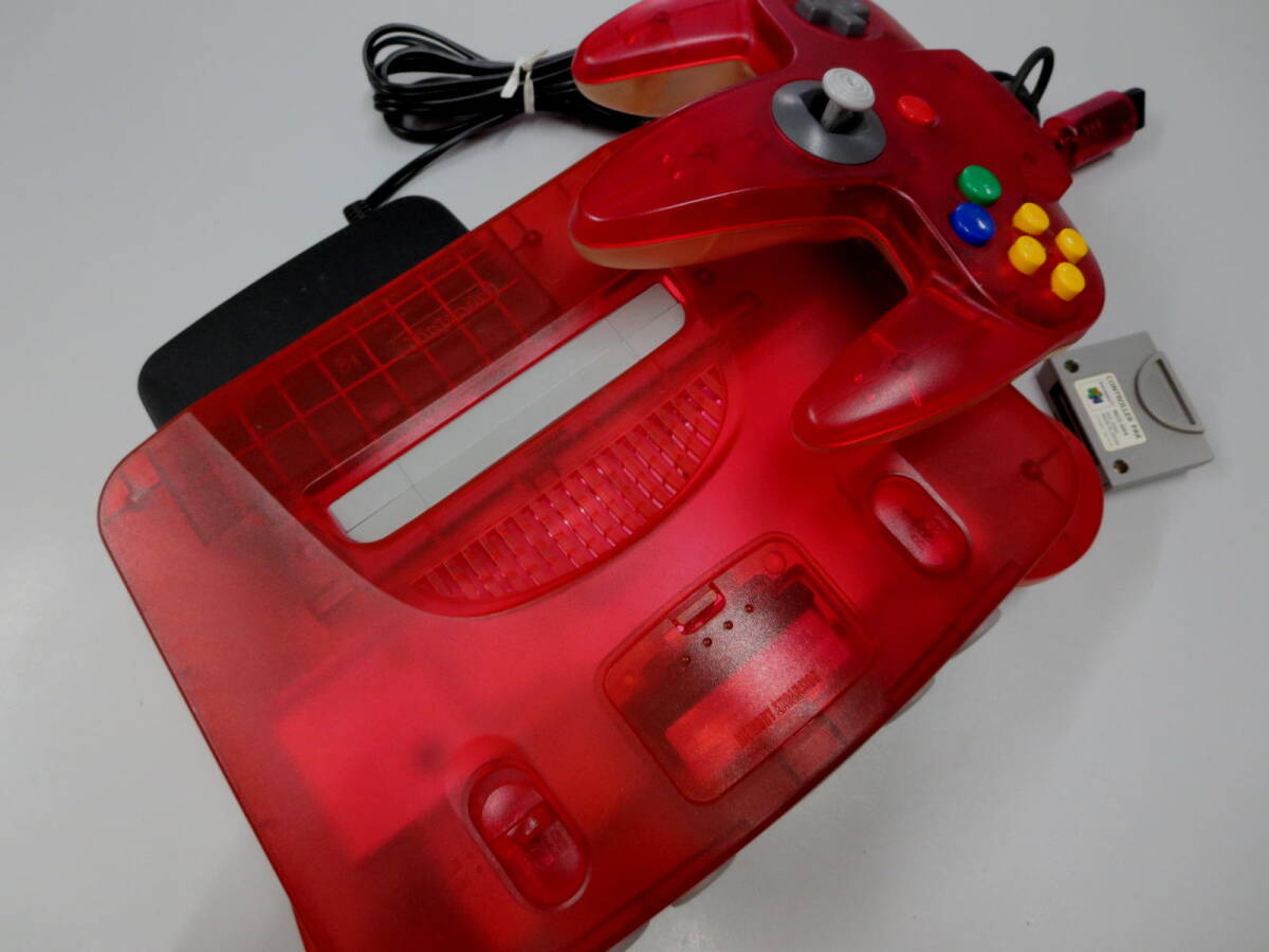 Ｎ６４本体＆コントローラー＆コントローラーパック＆ＡＣ：クリアレッド美品