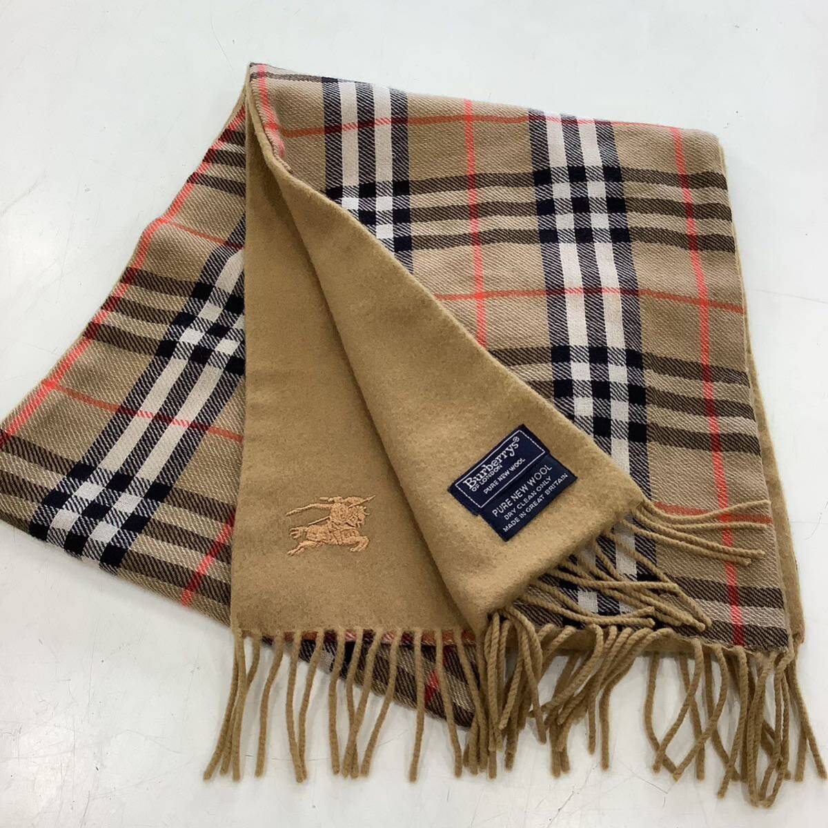 ＊BURBERRY LONDON バーバリーロンドン ノバチェック ウール100％ フリンジ マフラー ショール 防寒具 レディース ブラウン系 チェック柄 _画像1