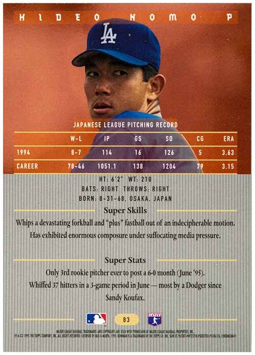 即決! 1995 野茂英雄 MLB Bowman's Best カード #83の画像2