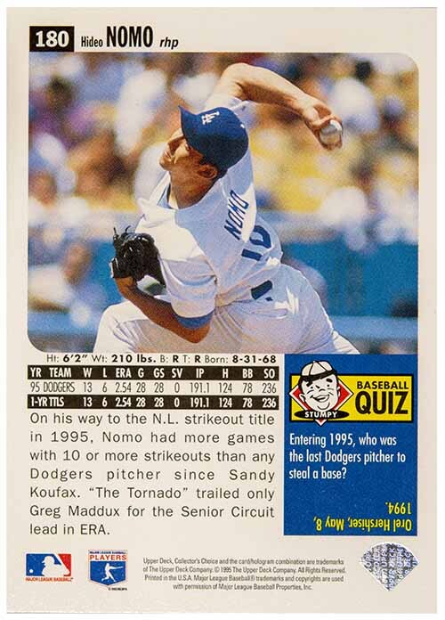 即決! 1995 野茂英雄 MLB Upper Deck C/C All Rookie カード #180の画像2