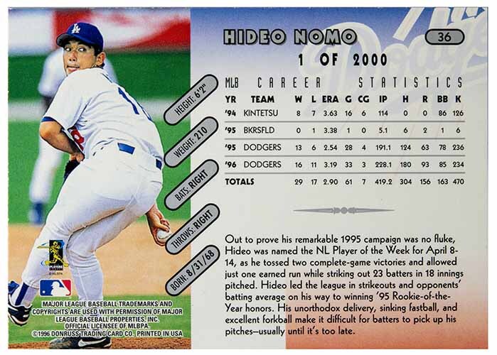 即決! 1996 野茂英雄 MLB Donruss プレスプルーフ カード #36の画像2