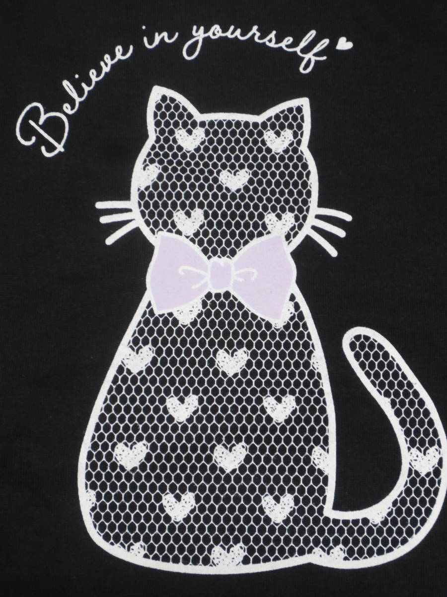  новый товар 130 кошка рисунок футболка с длинным рукавом хлопок 100% чёрный лента Heart гонки способ принт симпатичный белый кошка девочка ученик начальной школы весна предмет 120cm~.. сестры бесплатная доставка 