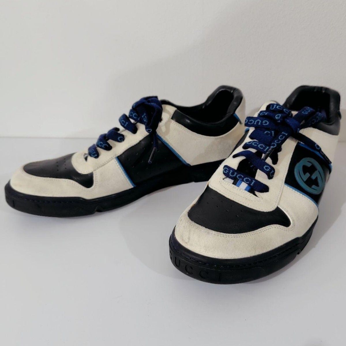 GUCCI Gucci спортивные туфли мотополиция цвет Inter locking G 26cm синий белый с логотипом обувь шнур 