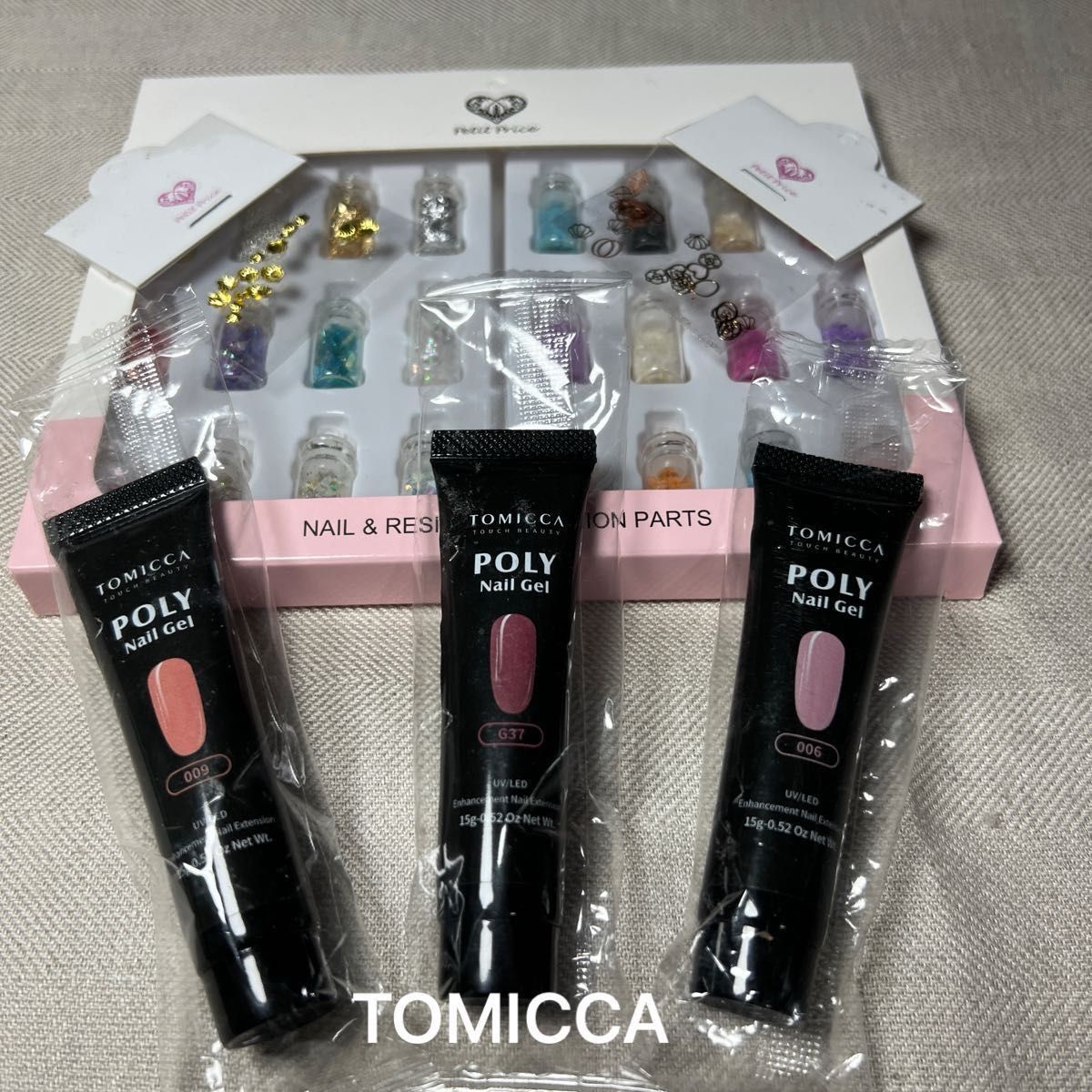 新品＊TOMICCA  POLY GEL トミカ　ポリジェル　ネイル　長さ出し　3色　+  デコパーツセット